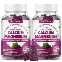 SoftBear Calcium Magnesium Zinc Gummies bottle labeled Elderberry flavor