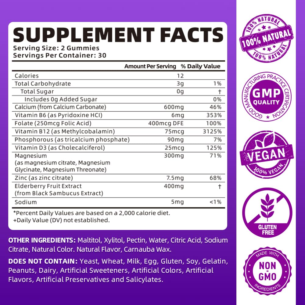 Gummies with label showing calcium 600 mg and magnesium 300 mg