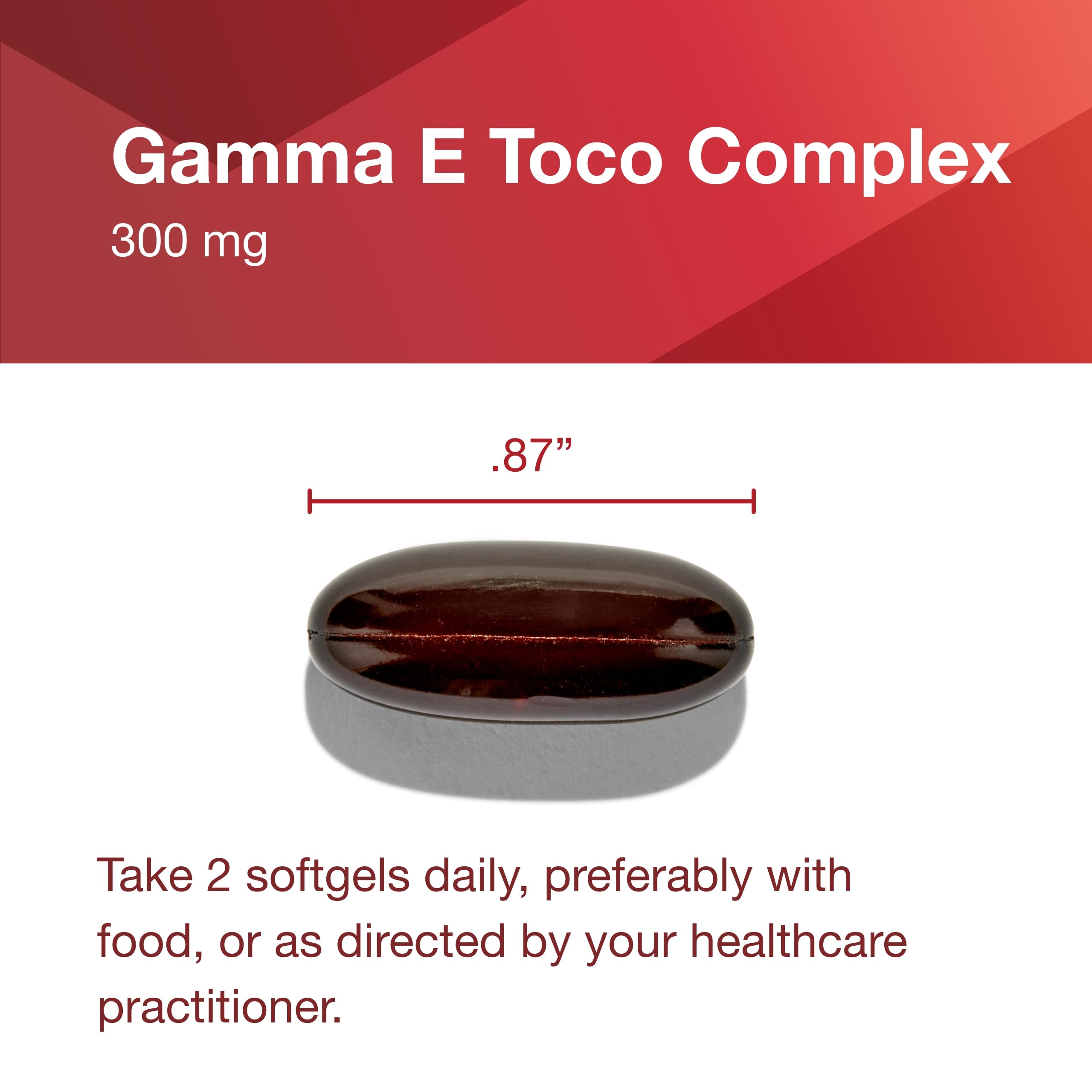 Front view of Gamma E Toco Complex softgel bottle packaging