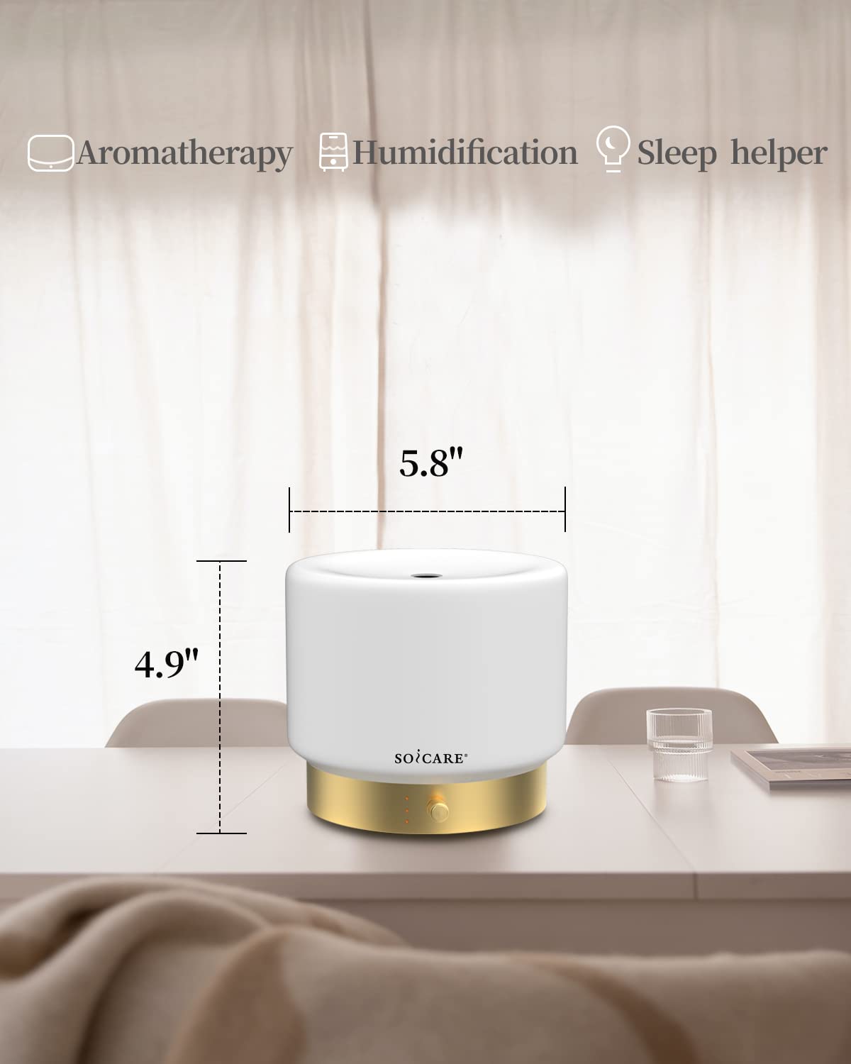 SOICARE diffuser on wood shelf highlighting eco-friendly design and calming scent