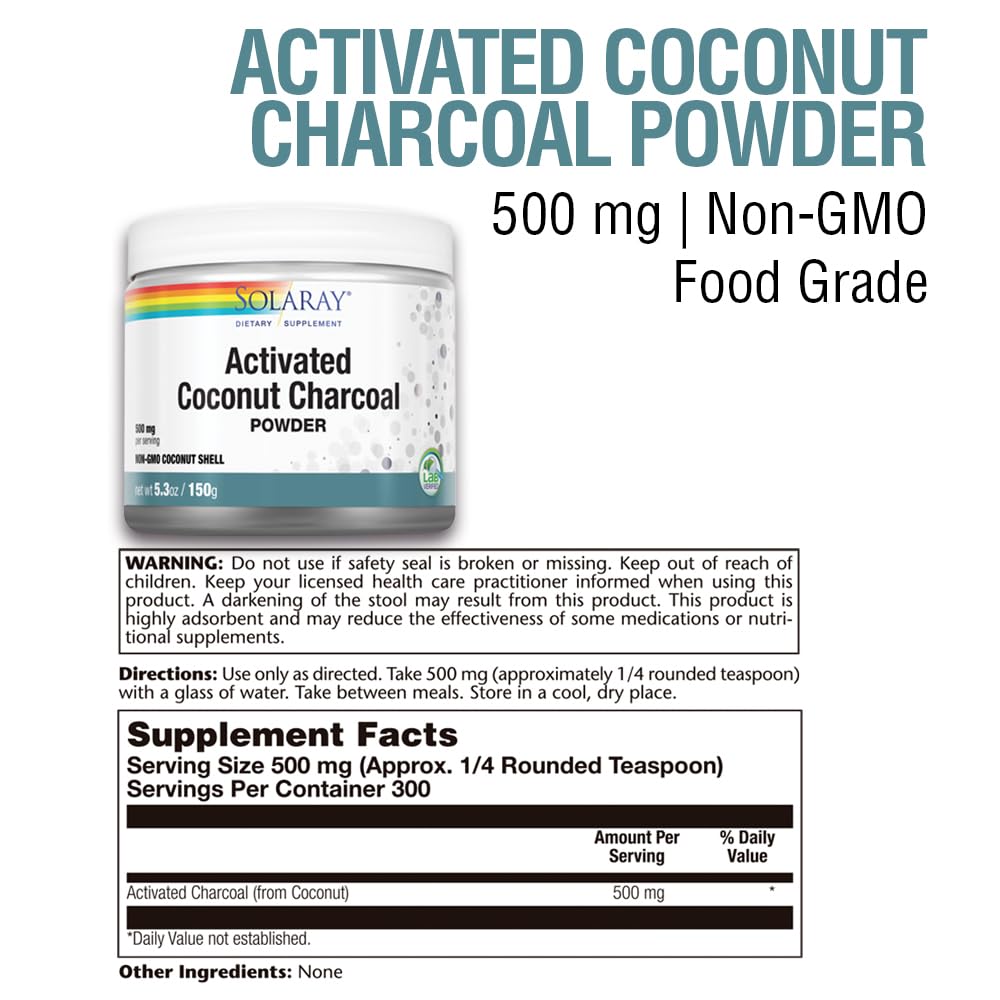Solaray Activated Coconut Charcoal Powder 500 mg bottle - label close-up