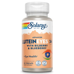 SOLARAY Advanced Lutein Eyes 24 mg bottle shows daily eye support in a vegan capsule