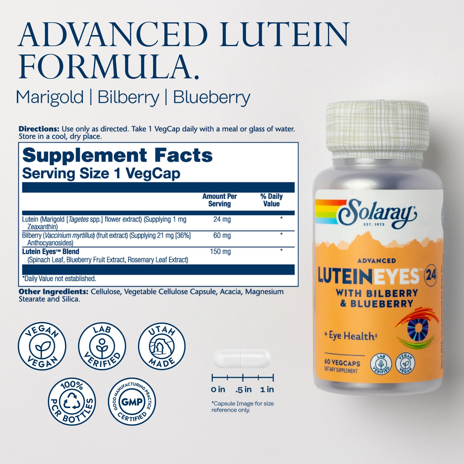 Graphic of Lutein Eyes Blend ingredients: spinach leaf, blueberry extract, rosemary leaf