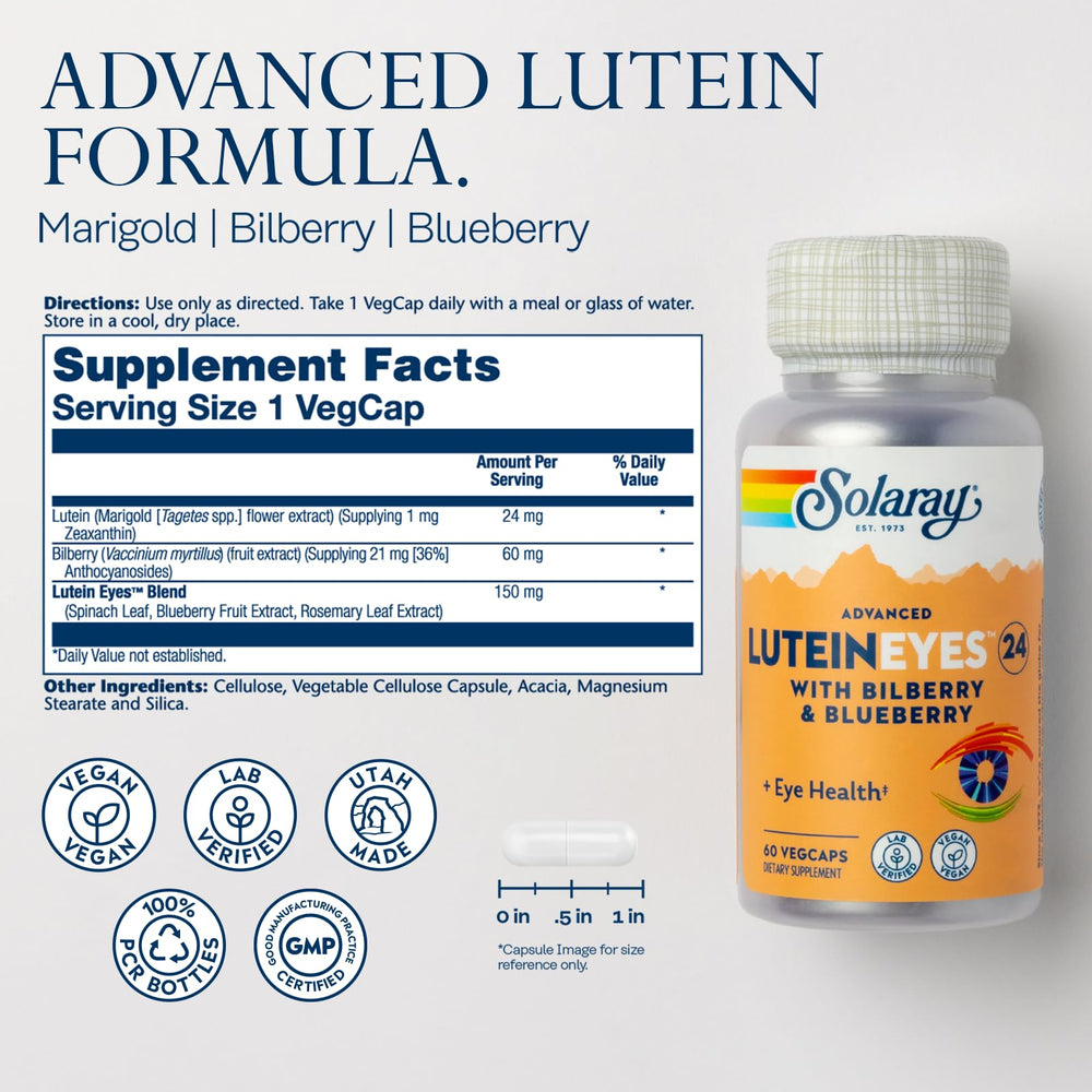 Graphic of Lutein Eyes Blend ingredients: spinach leaf, blueberry extract, rosemary leaf