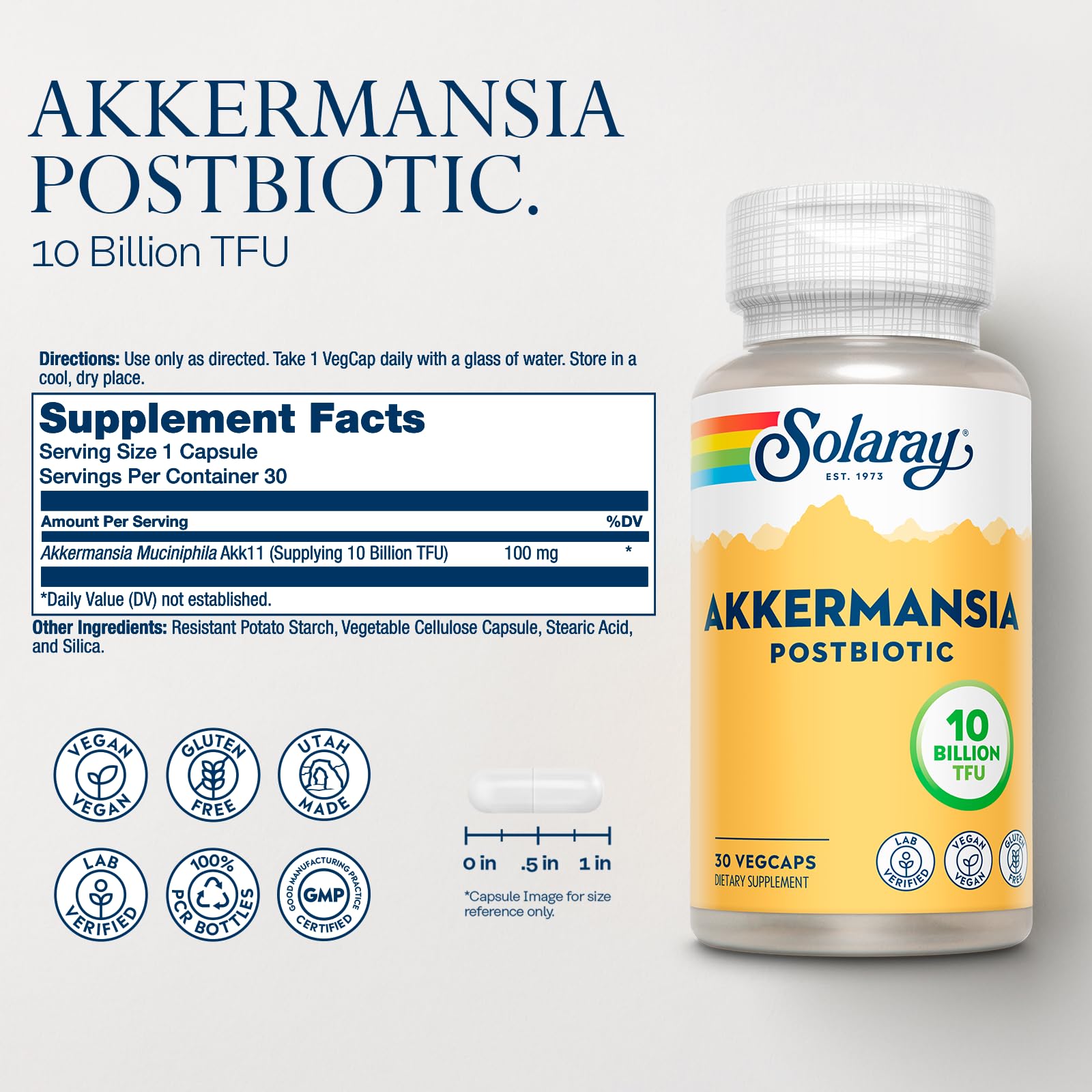 Close-up of SOLARAY Akkermansia Postbiotic Akk11 bottle
