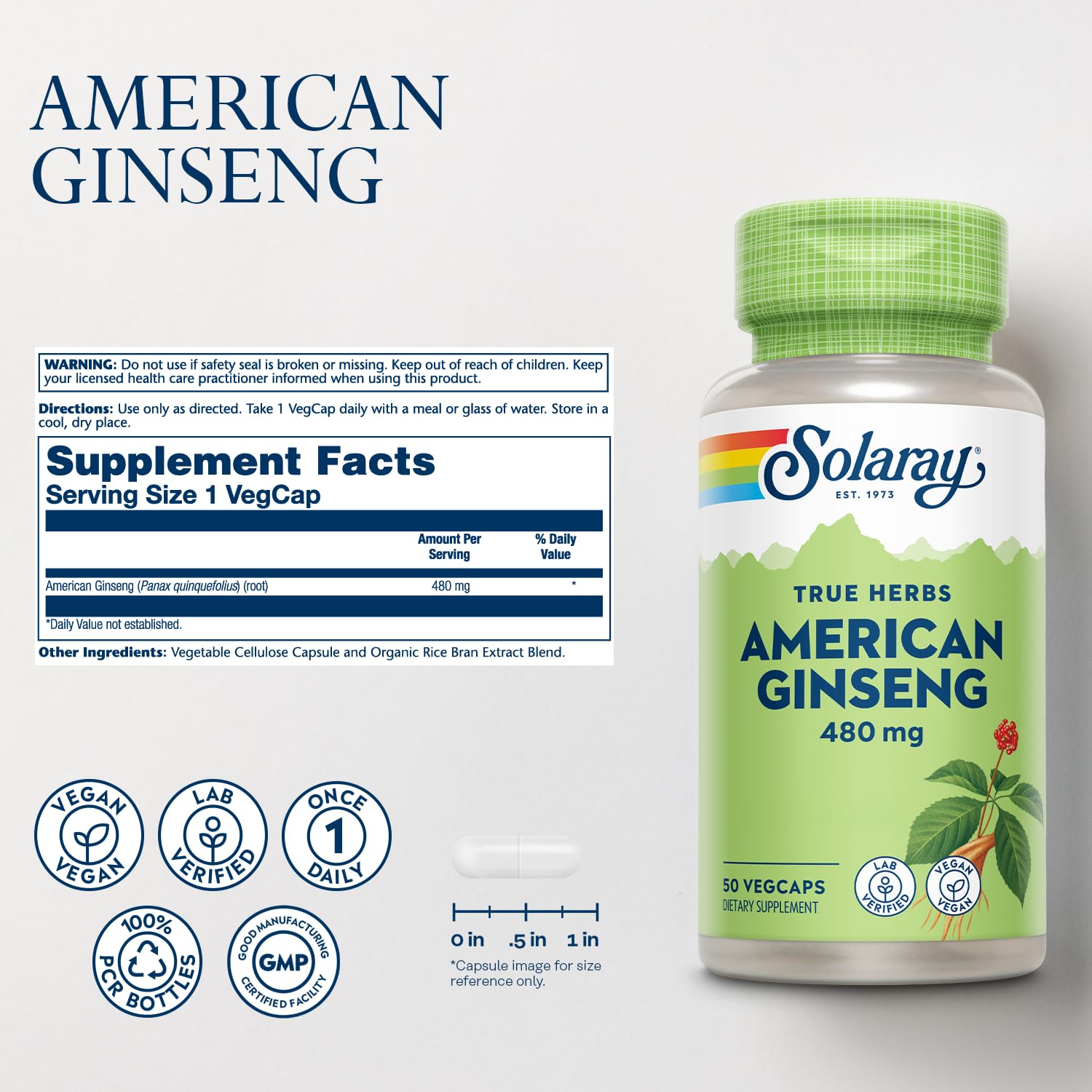 American Ginseng 480 mg VegCaps bottle on counter