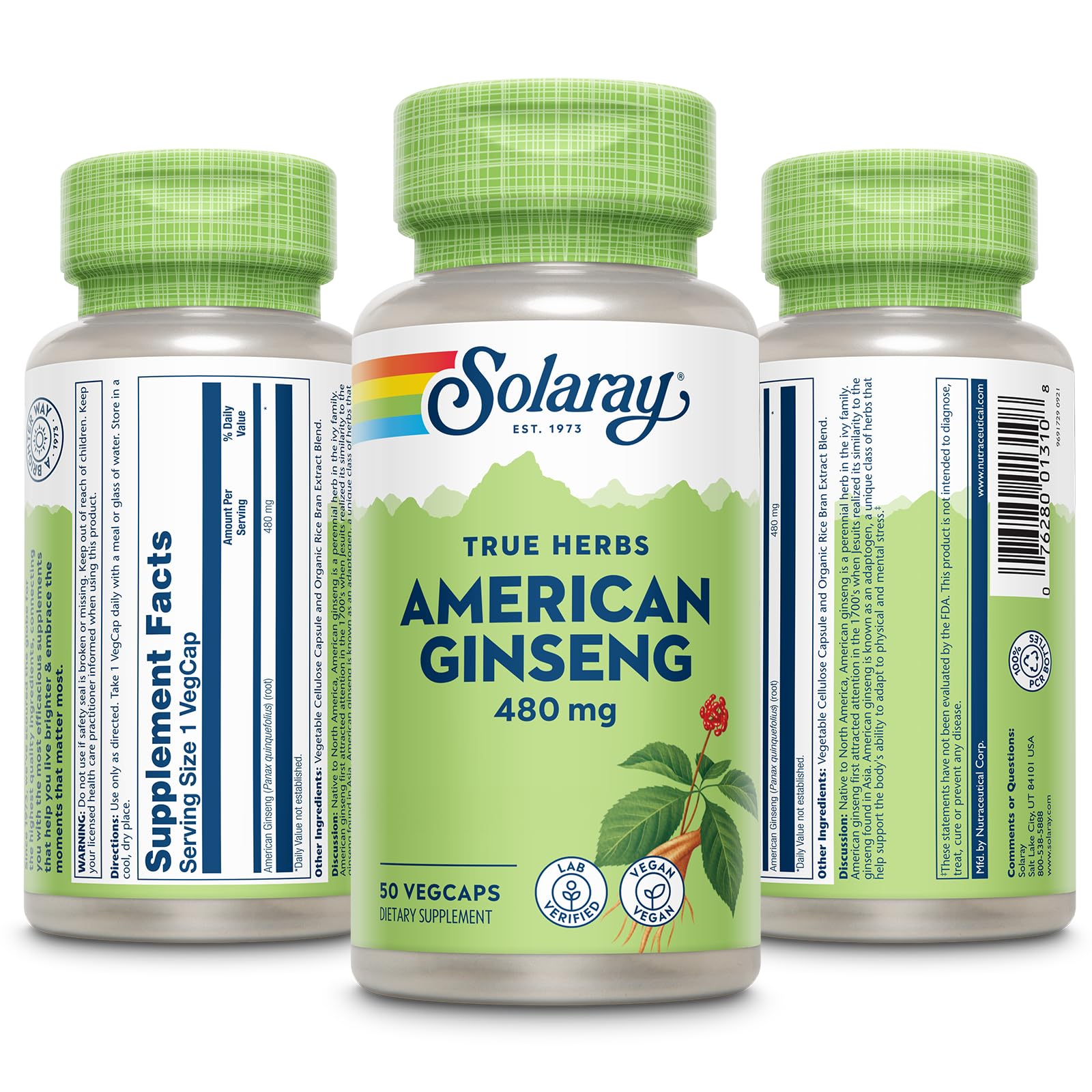Nutrition facts panel on SOLARAY American Ginseng bottle