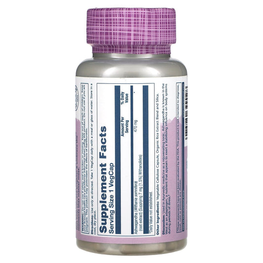 Solaray Ashwagandha 470 mg 60 VegCaps bottle back label
