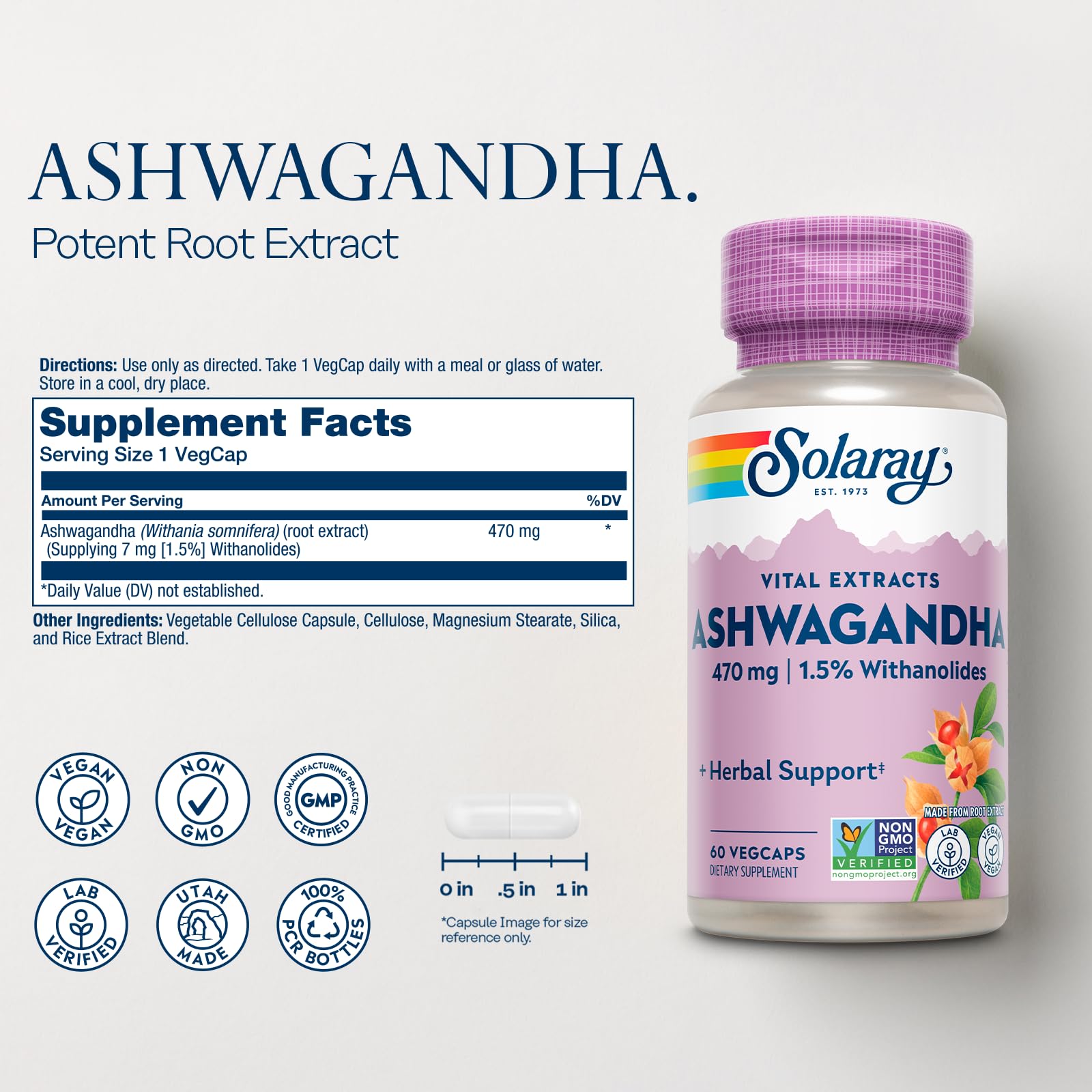 SOLARAY Ashwagandha 470mg bottle label close-up