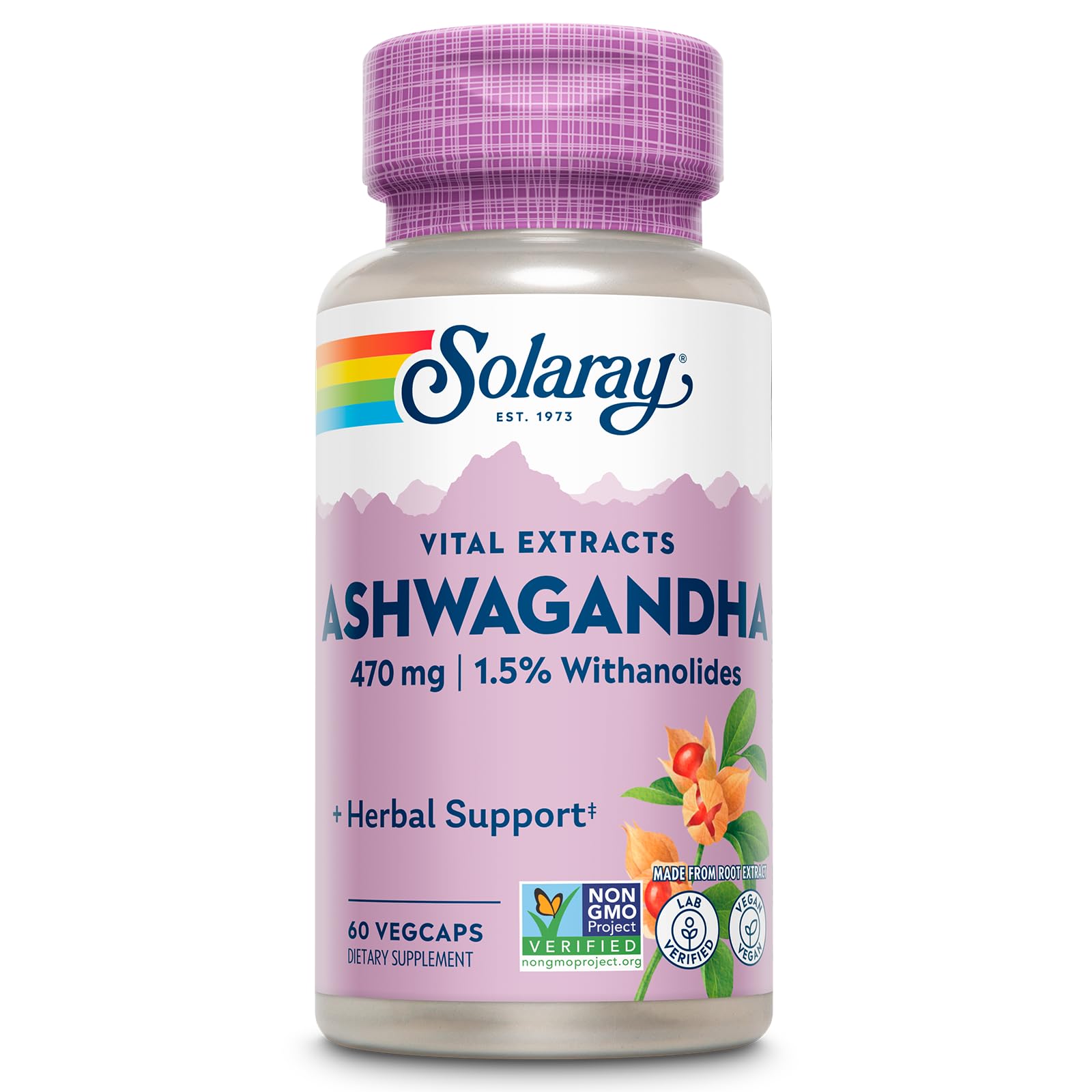 SOLARAY Vital Extracts Ashwagandha 470mg vegan capsules bottle front view