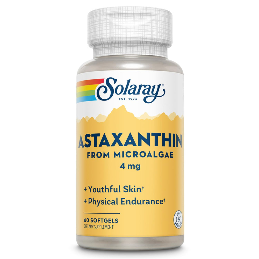 SOLARAY Astaxanthin 4 mg bottle with label on white background.