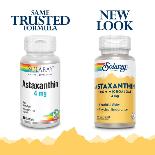 Close-up of SOLARAY Astaxanthin 4 mg softgels from the bottle.