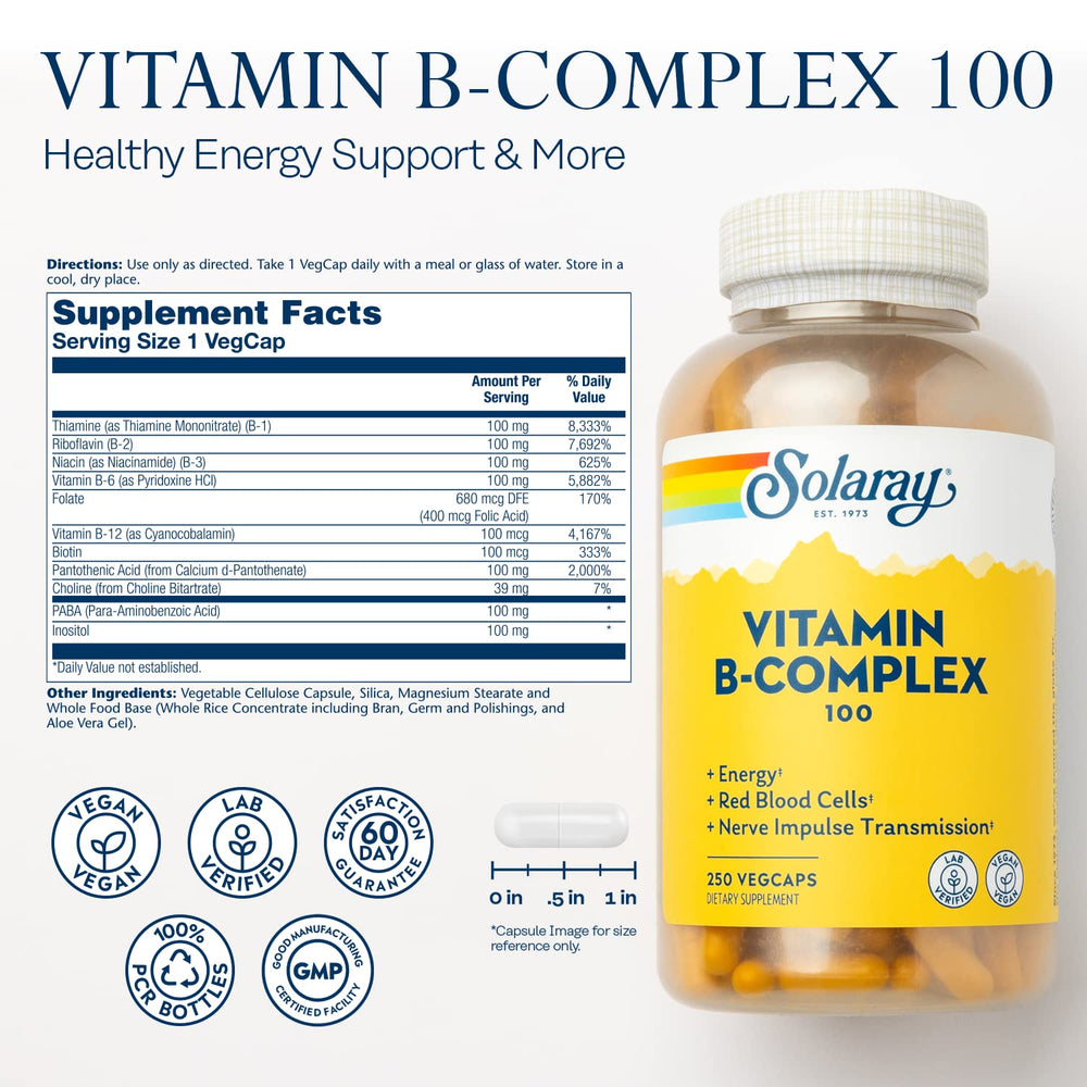 Close-up of Solaray B-Complex 100-250 capsules
