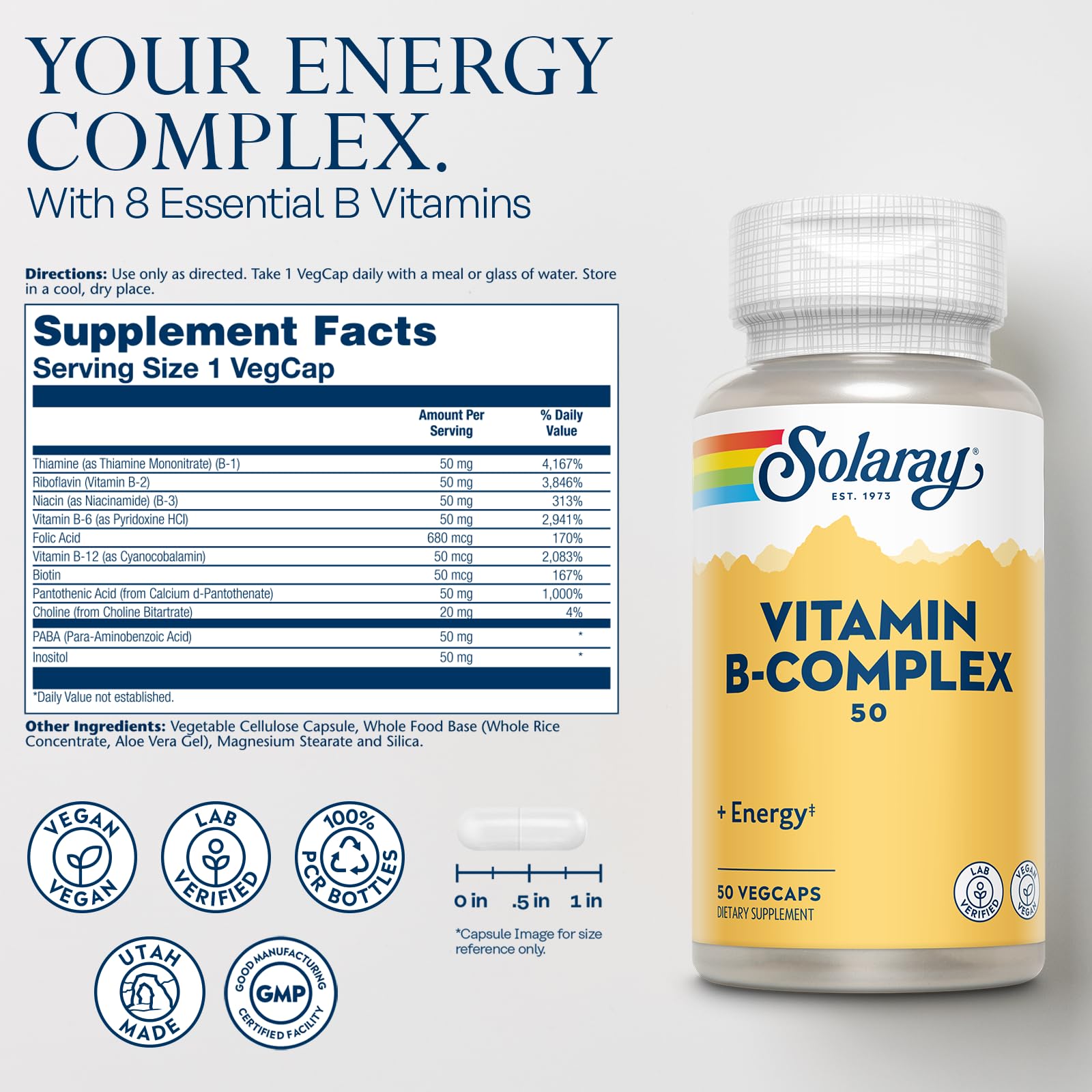 Nutrition facts panel showing B vitamins and 50 mg per serving