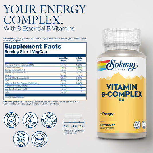 Nutrition facts panel showing B vitamins and 50 mg per serving