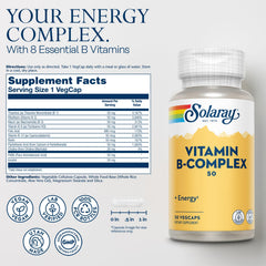 Nutrition facts panel showing B vitamins and 50 mg per serving