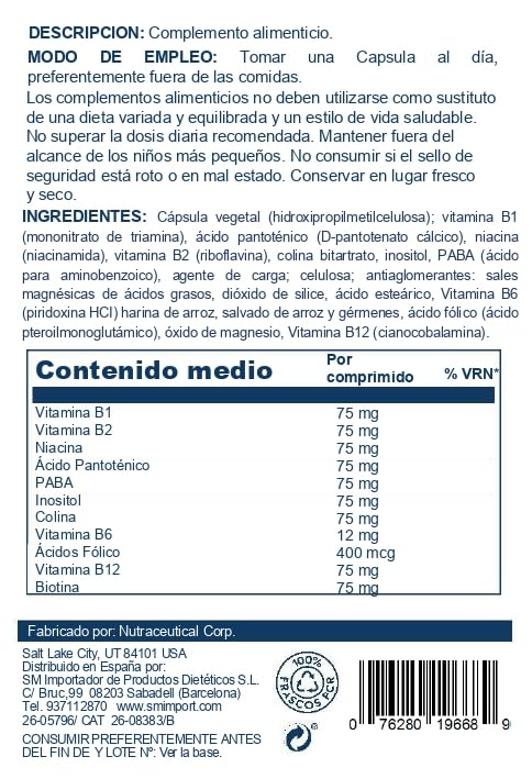 SOLARAY Vitamin B-Complex 75mg bottle back label with nutrition information