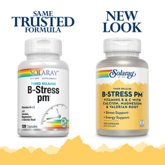 Close-up of Solaray B-Stress PM 120 capsules bottle label