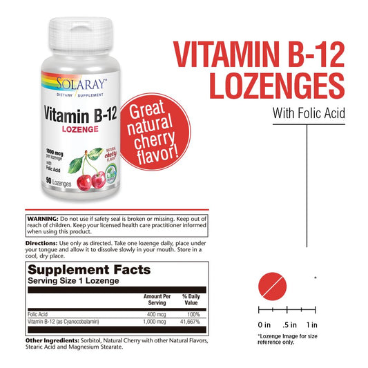 Back nutrition facts panel of SOLARAY B-12 Lozenges Cherry Flavor