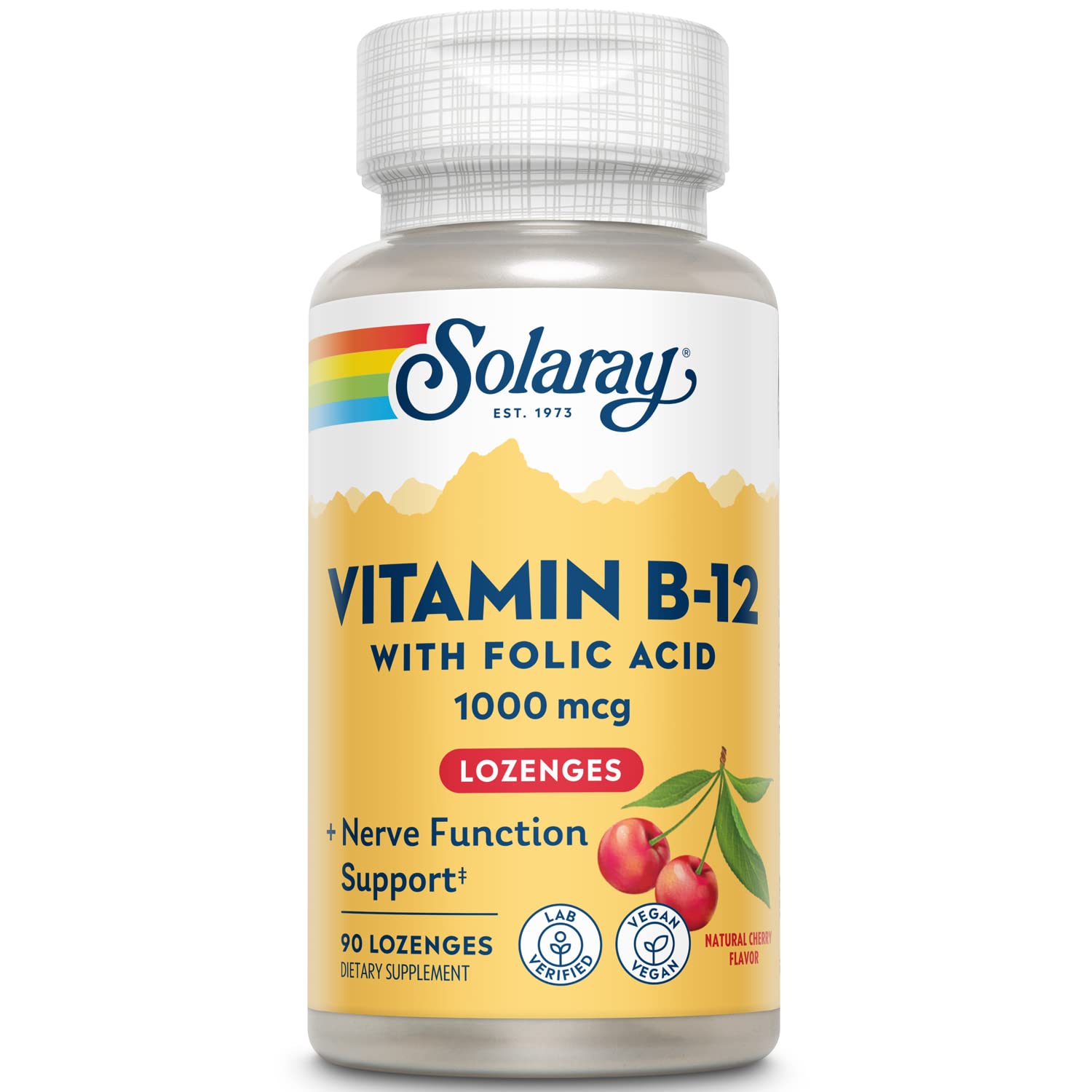 Front of SOLARAY Vitamin B-12 1000mcg Lozenges with Folic Acid Cherry Flavor bottle