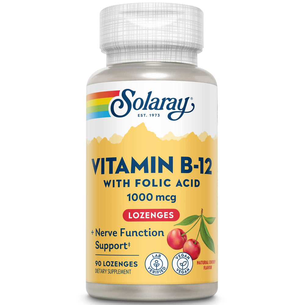 Front of SOLARAY Vitamin B-12 1000mcg Lozenges with Folic Acid Cherry Flavor bottle