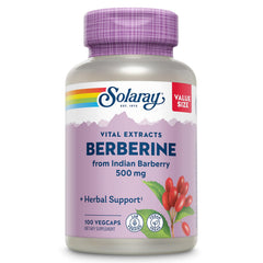 SOLARAY Berberine 500mg bottle front, vegan and non-GMO wellness support.