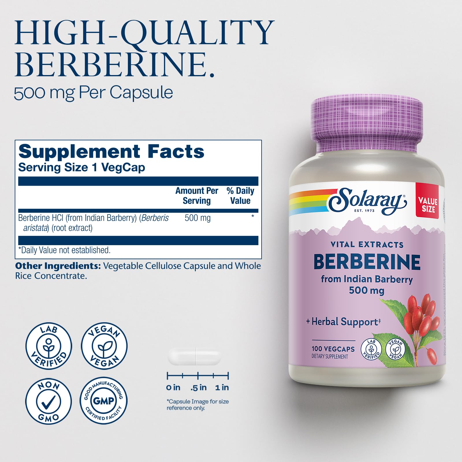 SOLARAY Berberine 500mg bottle label highlighting lab-verified quality.
