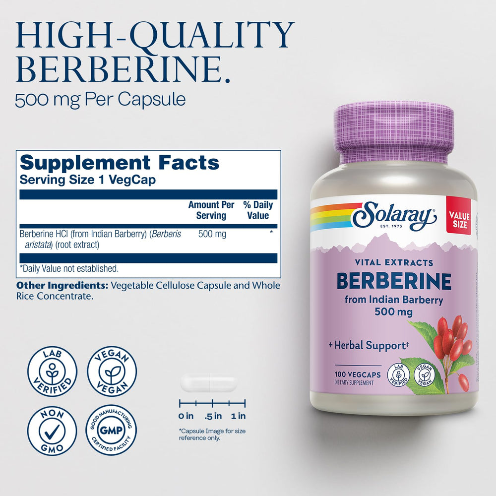 SOLARAY Berberine 500mg bottle label highlighting lab-verified quality.