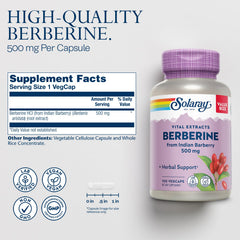 SOLARAY Berberine 500mg bottle label highlighting lab-verified quality.