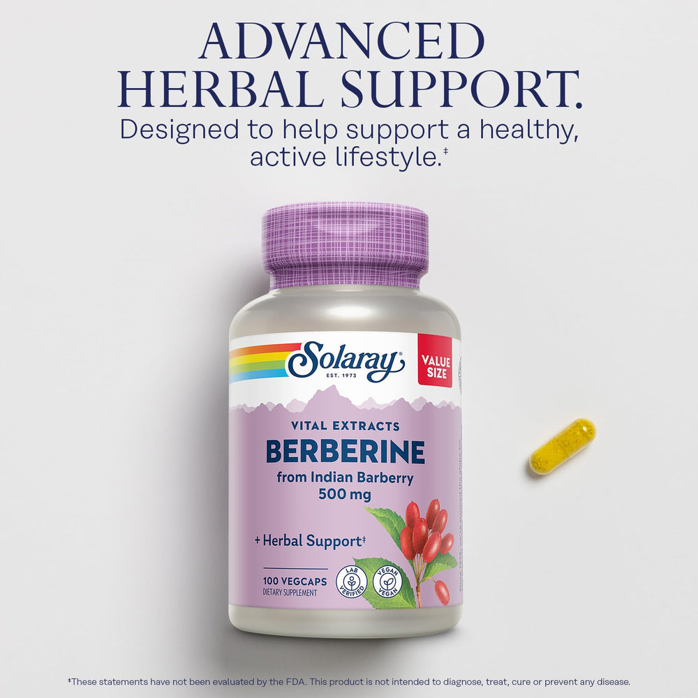 SOLARAY Berberine 500mg capsules close-up for daily use.