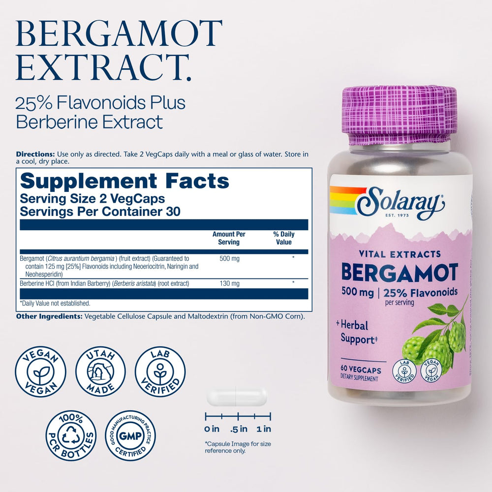 Front view of SOLARAY Bergamot 500 mg bottle