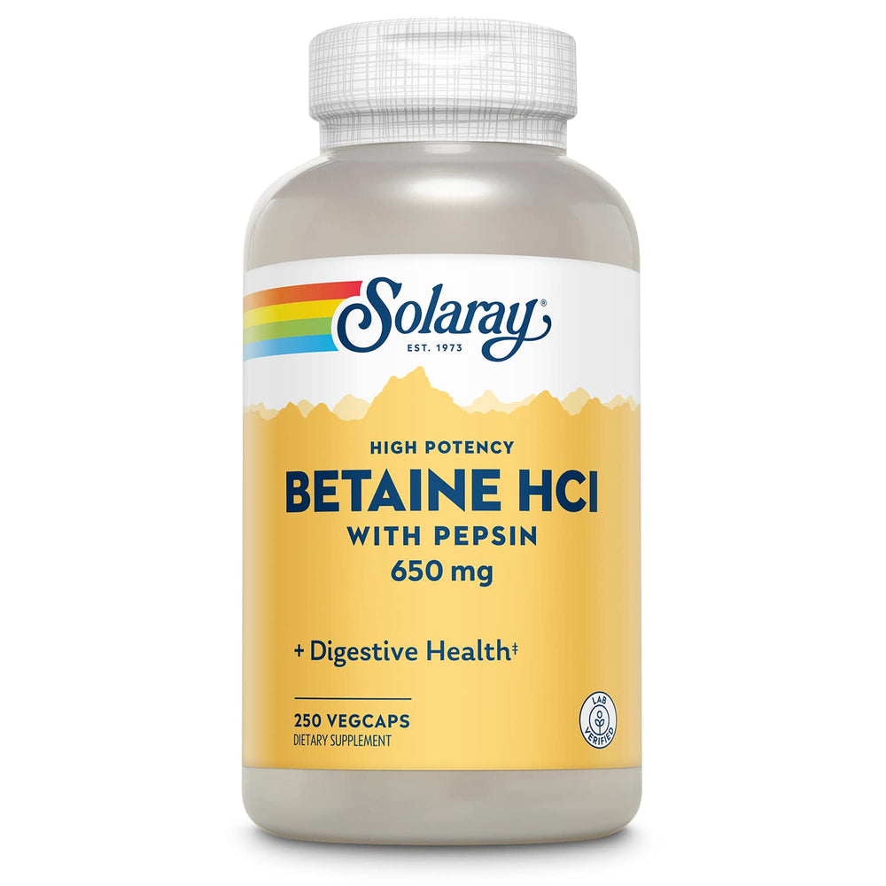 SOLARAY Betaine HCL with Pepsin bottle front supports digestive health