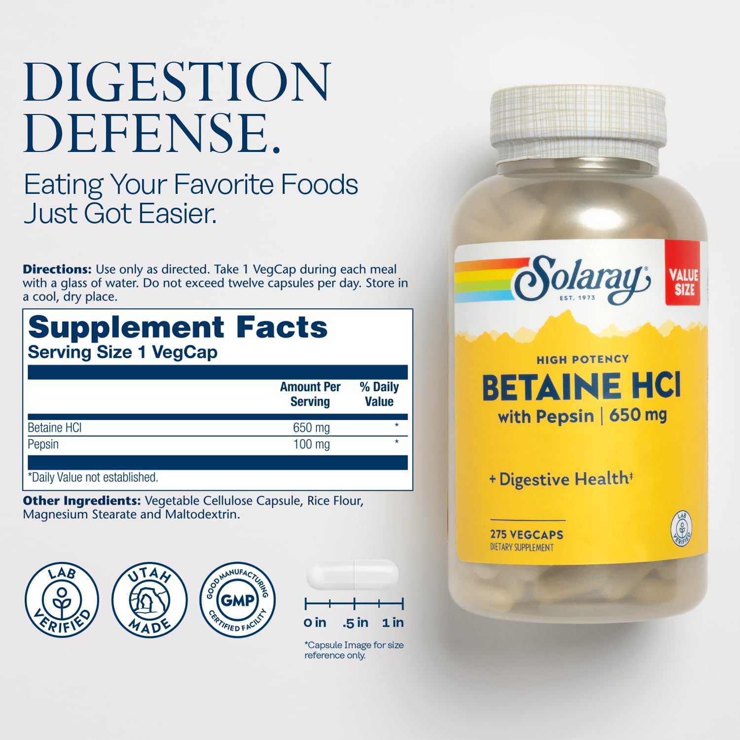 Solaray Betaine HCL with Pepsin capsules poured for protein digestion support