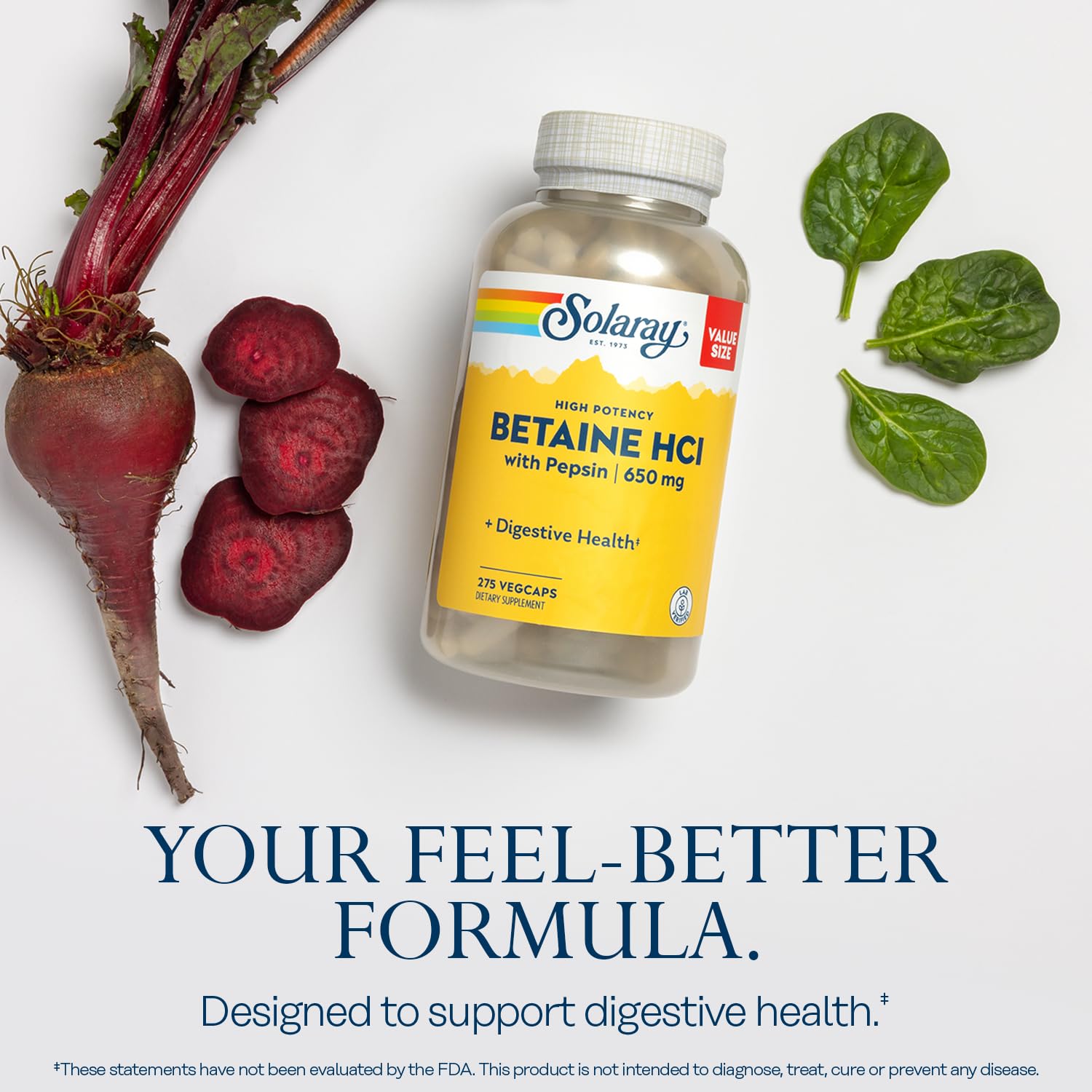 Solaray Betaine HCL with Pepsin ingredient label closeup for protein digestion