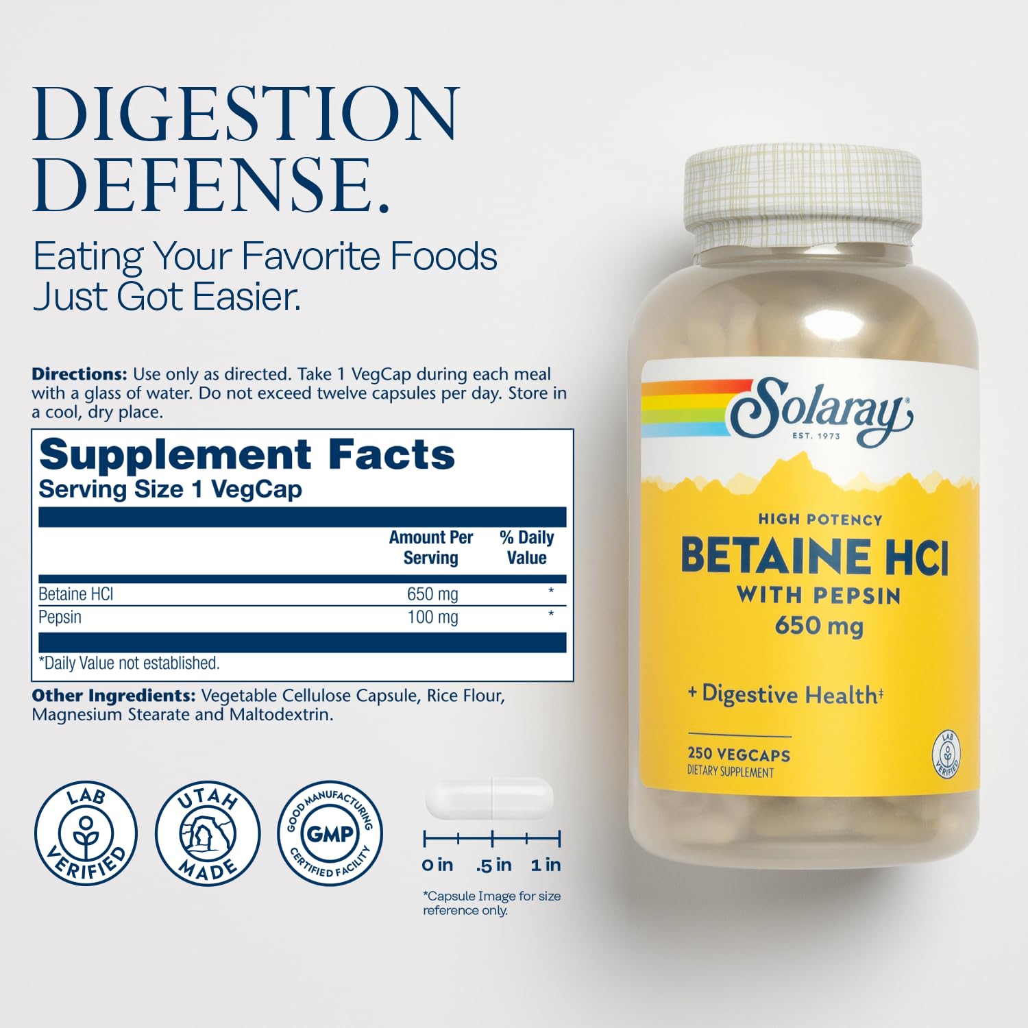SOLARAY Betaine HCL with Pepsin label view confirms purity and potency