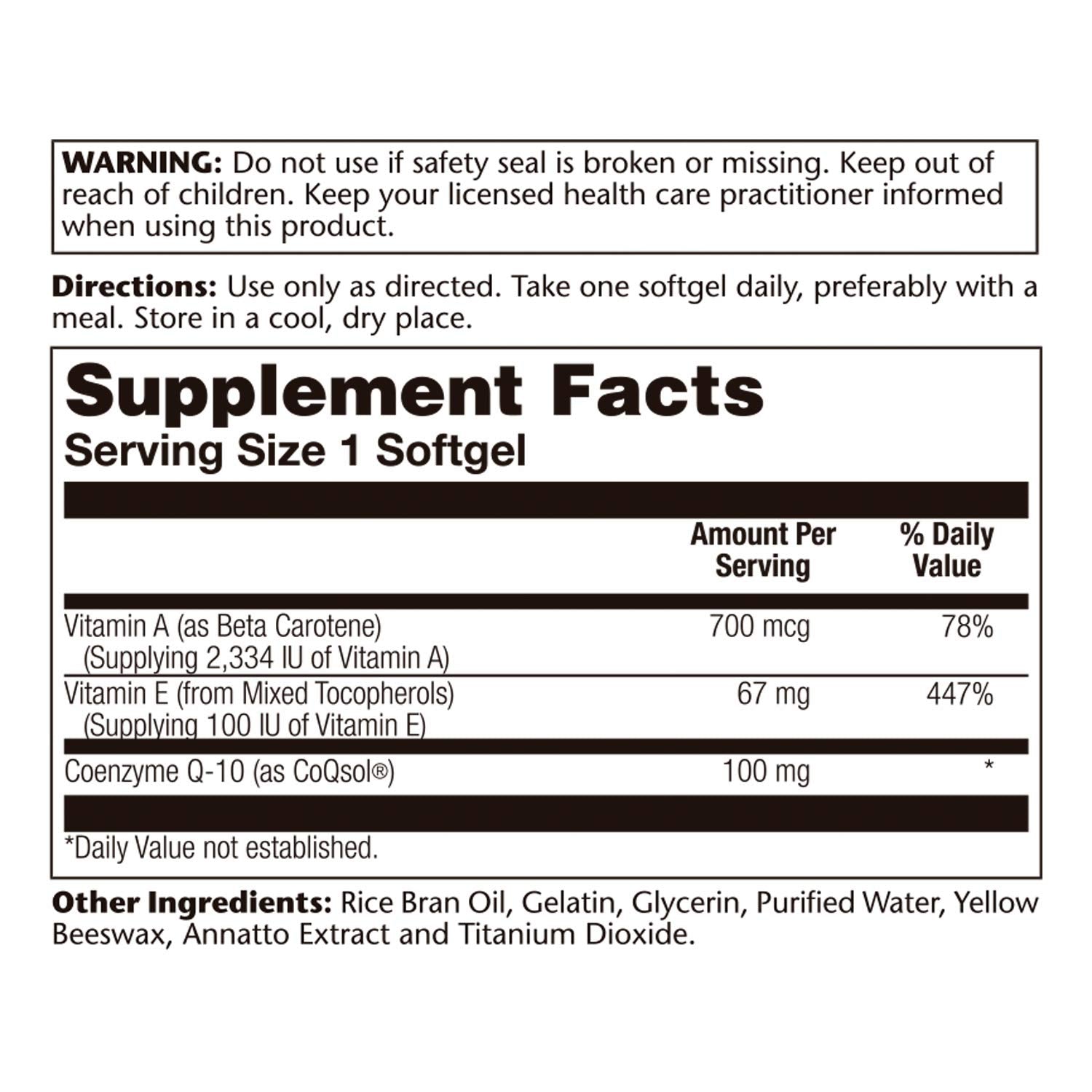 SOLARAY Bio CoQ-10 100 mg - ingredients panel