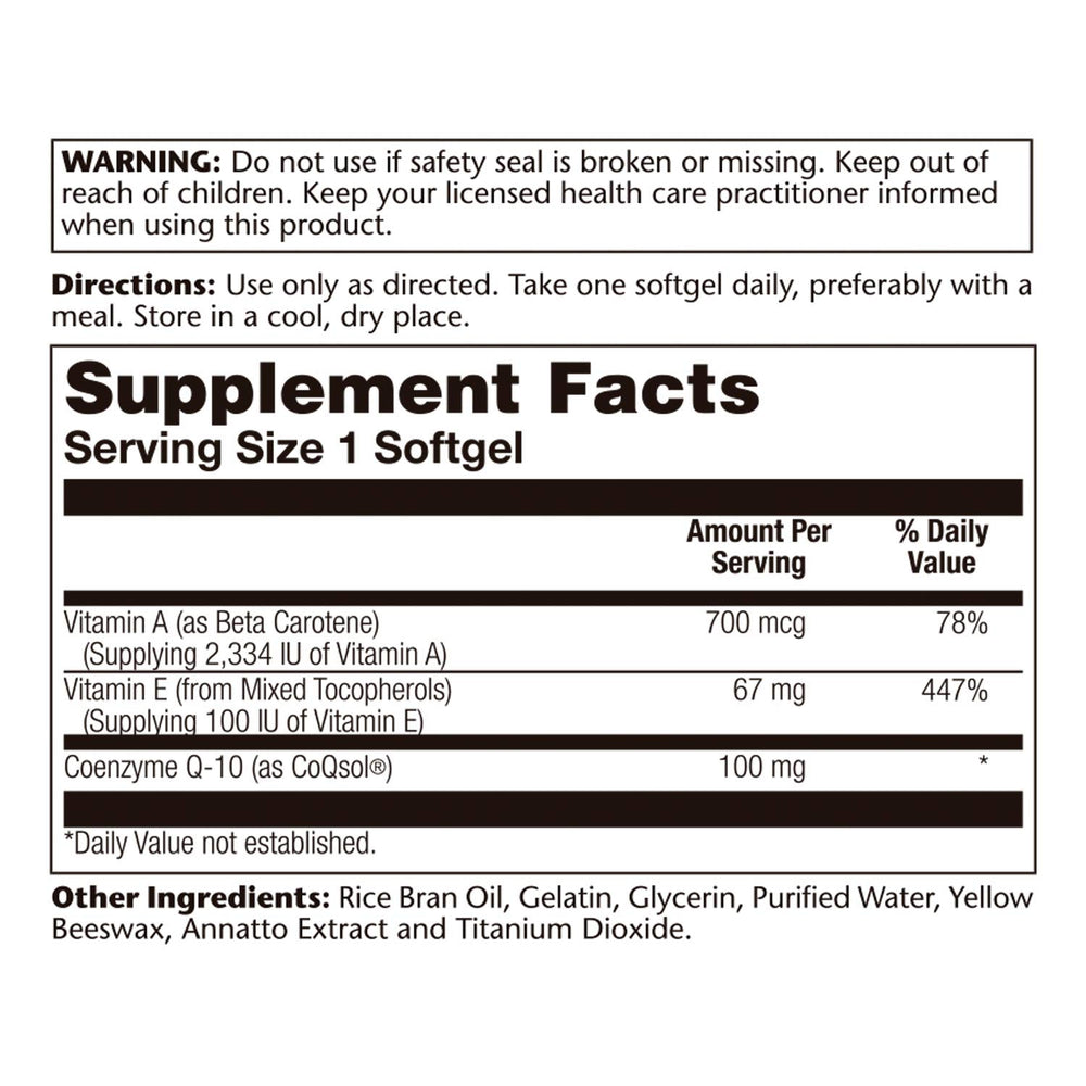 SOLARAY Bio CoQ-10 100 mg - ingredients panel