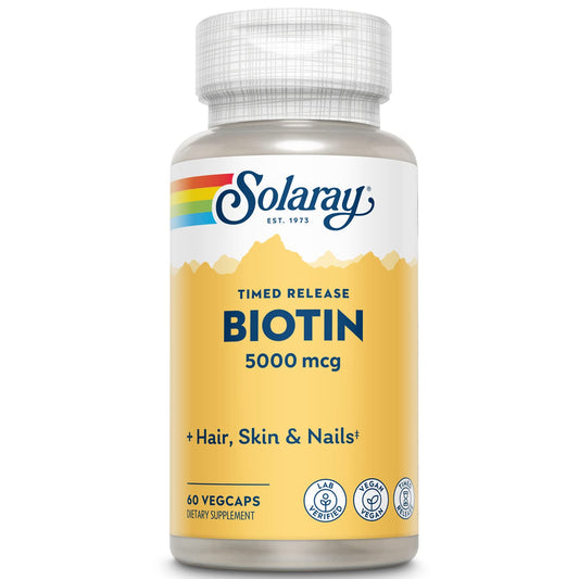 60 VegCaps Biotin 5000 mcg Timed Release capsules close-up