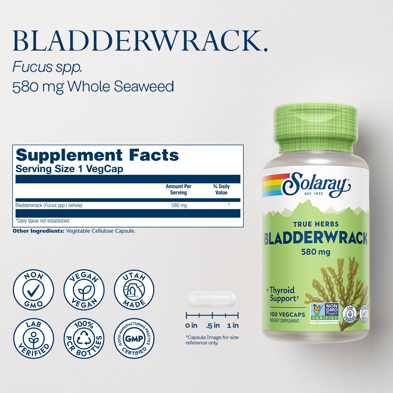 Front view of SOLARAY Bladderwrack Capsules bottle on white background