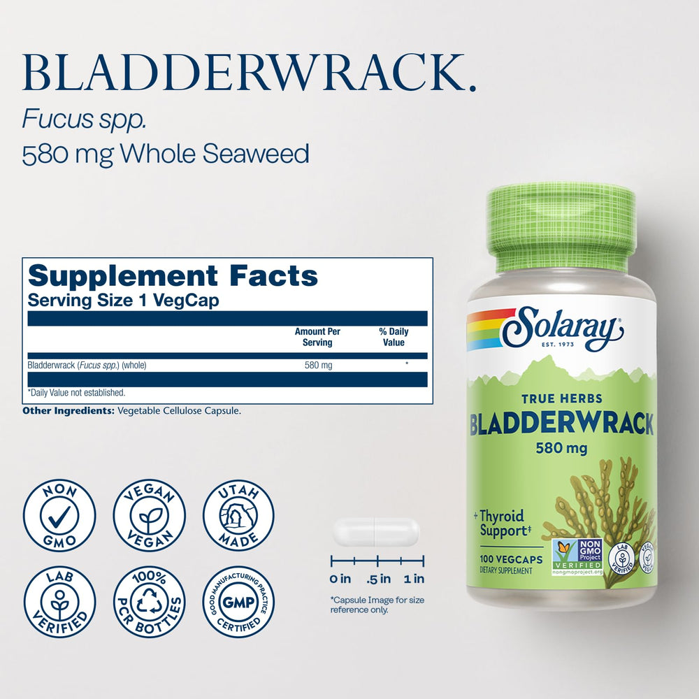 Front view of SOLARAY Bladderwrack Capsules bottle on white background