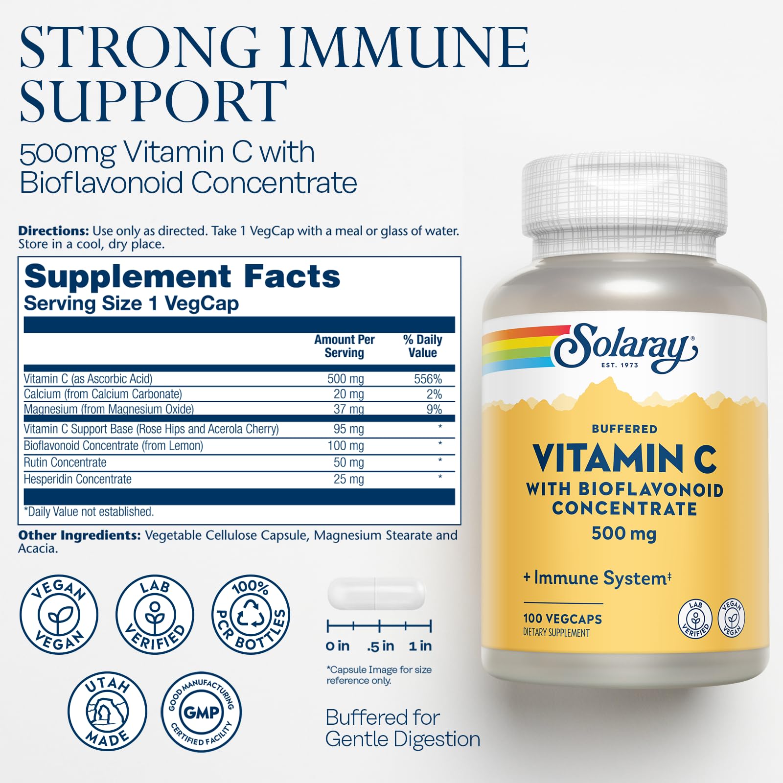 Vegan Vitamin C capsules in clear bottle
