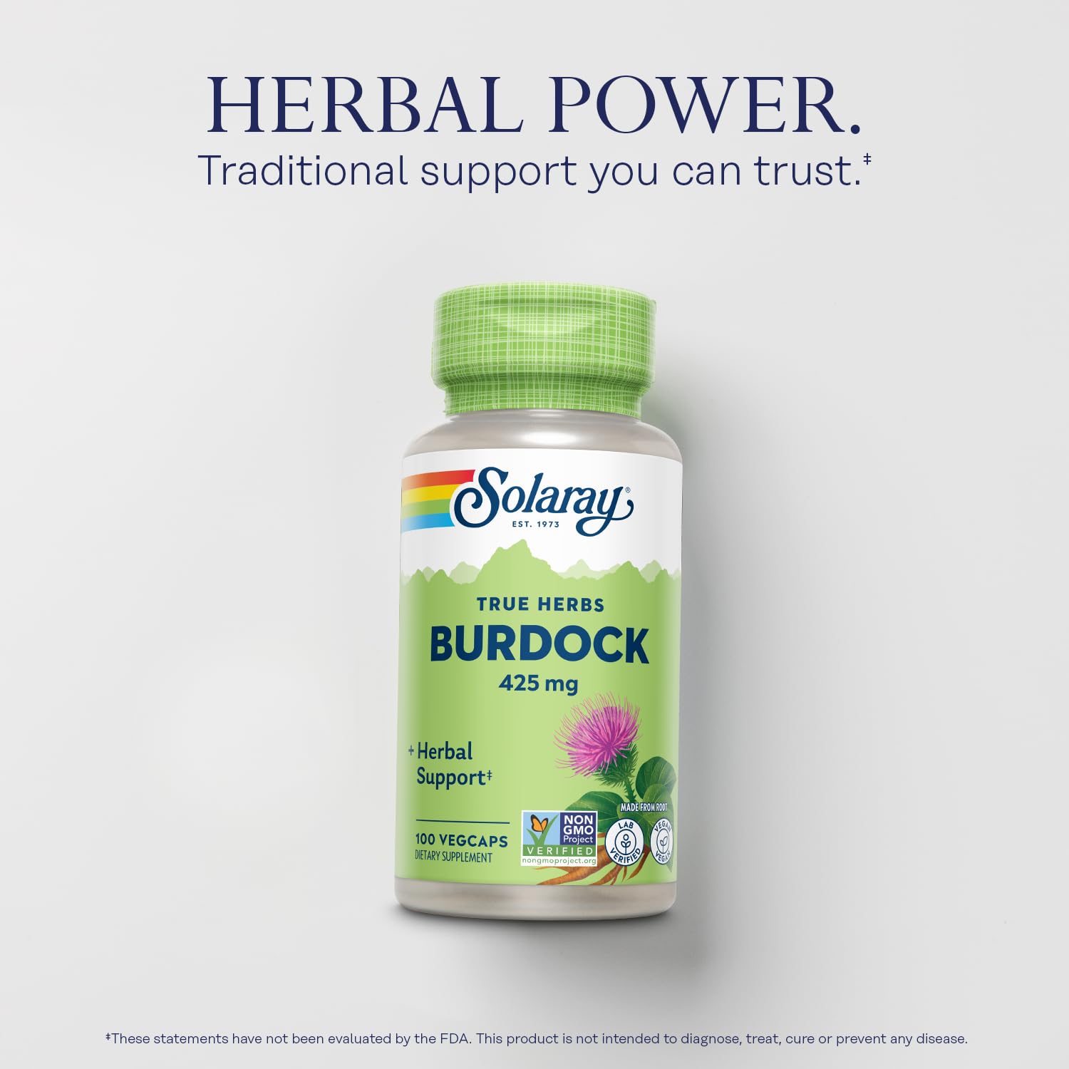 Product label close-up – SOLARAY Burdock Root 425 mg