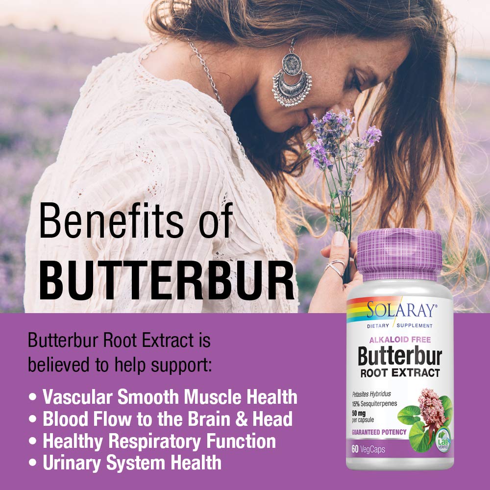 SOLARAY Butterbur product packaging with 60-count bottle