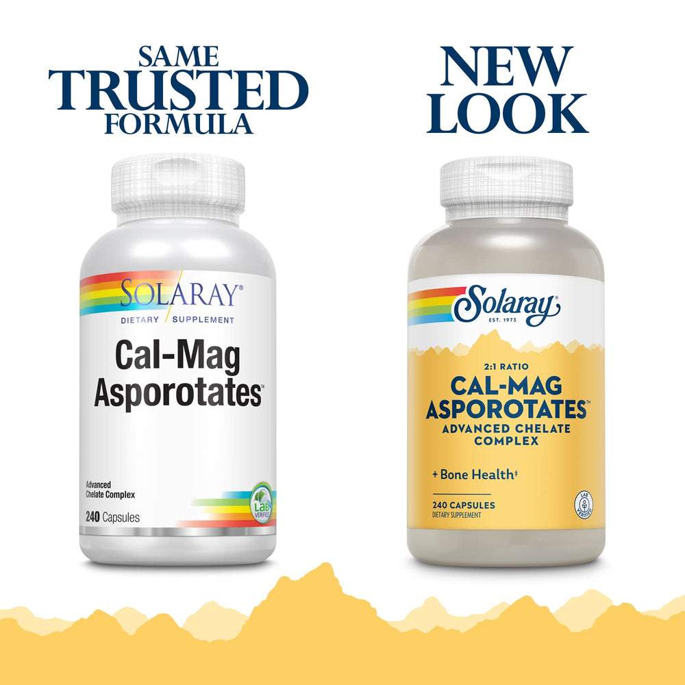 Close-up of Solaray Calcium and Magnesium Asporotate Capsules packaging - 240 count