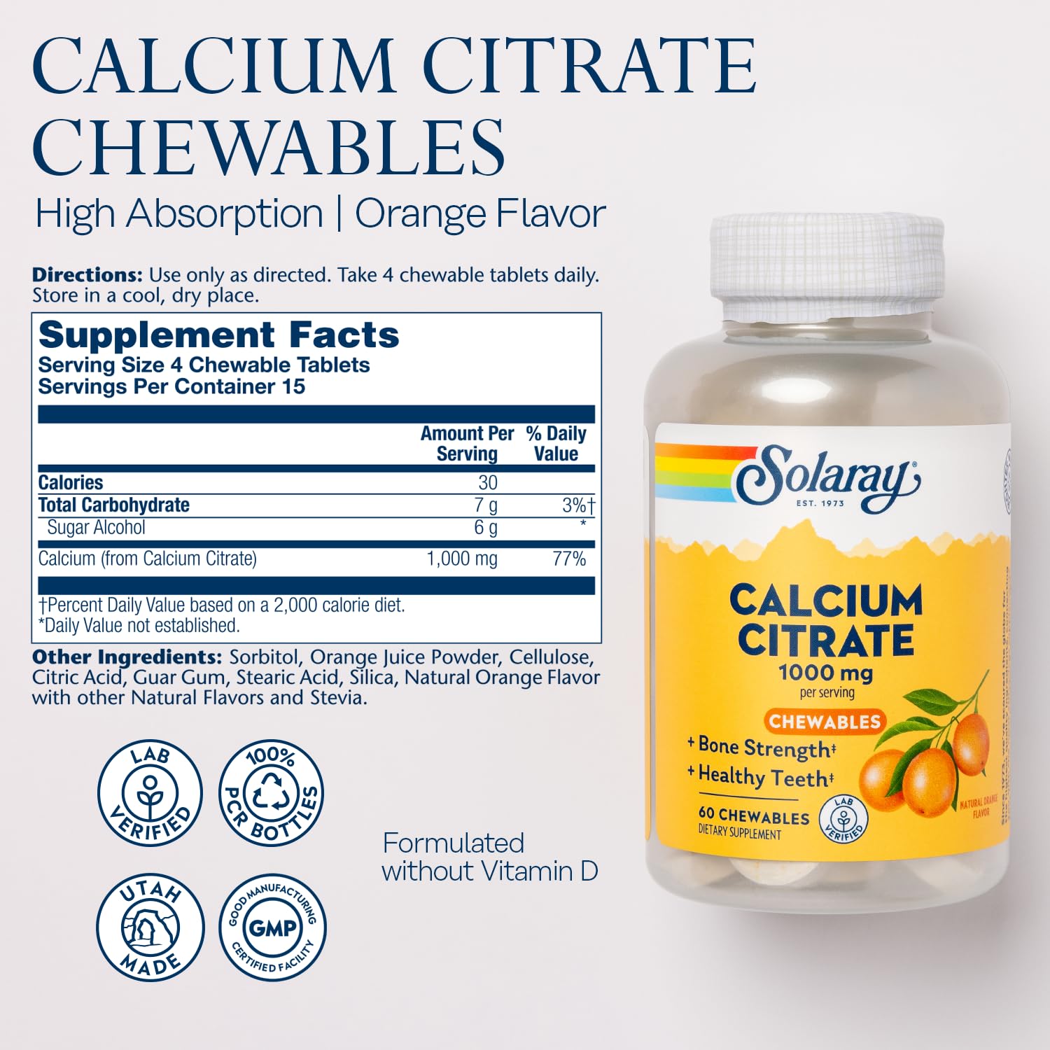 Bottle showing 60 servings of Solaray Calcium Citrate 1000 mg orange flavor chewables