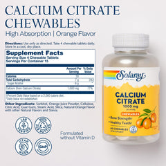 Bottle showing 60 servings of Solaray Calcium Citrate 1000 mg orange flavor chewables