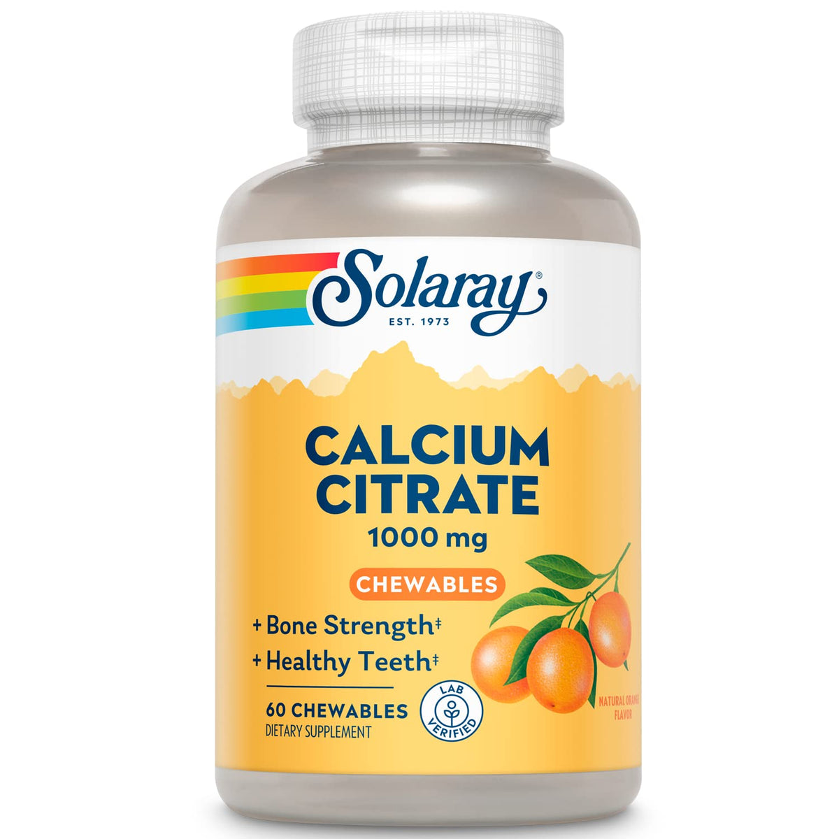 Front label of Solaray Calcium Citrate 1000 mg orange chewables bottle