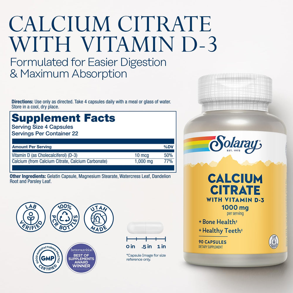 Nutrition facts showing 1000 mg calcium and 400 IU vitamin D-3