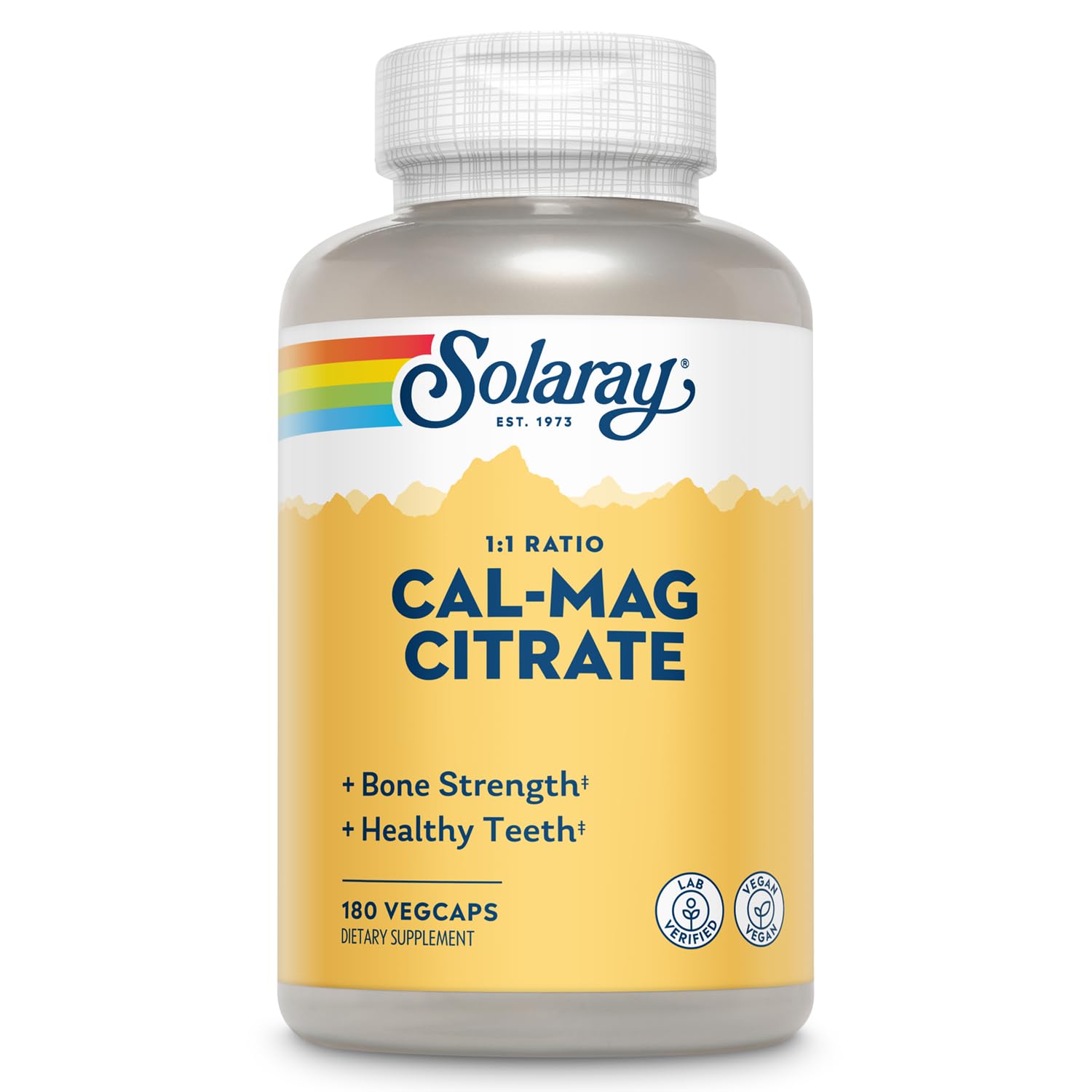 Bottle of Solaray Calcium Magnesium Citrate 1:1 Ratio 180 VegCaps