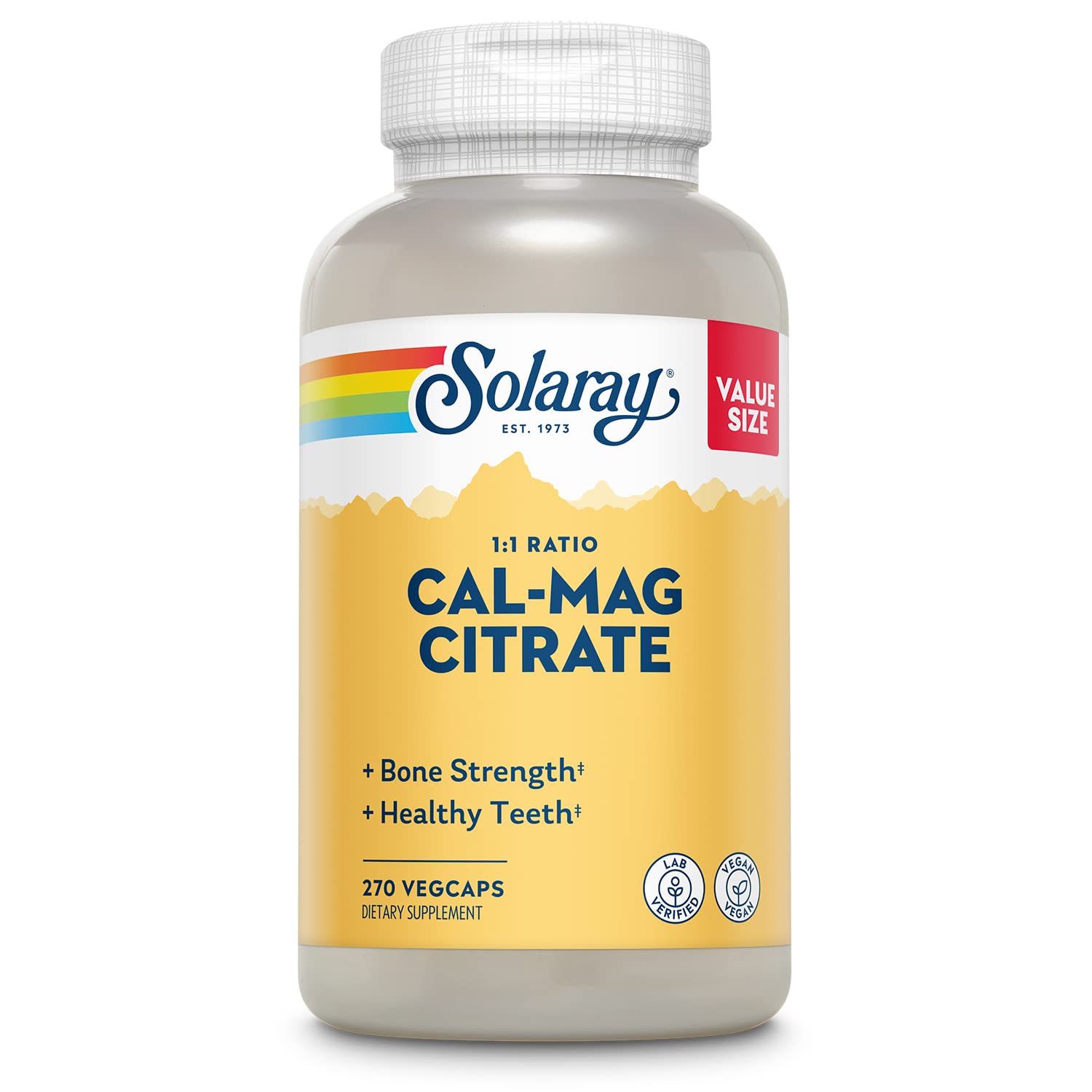Solaray Calcium Magnesium Citrate 1000mg 1:1 bottle label with 270 vegan capsules